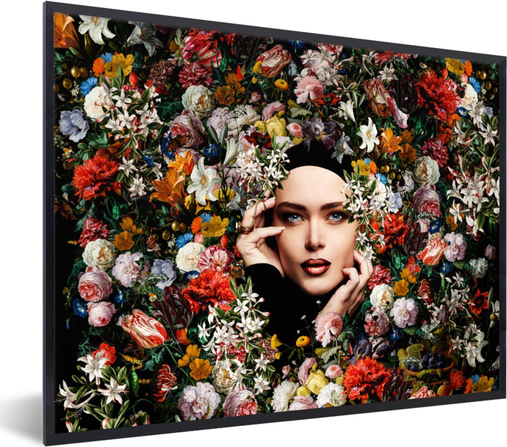 MuchoWow Gerahmtes Poster Blume - Frauen - Porträt - Botanisch 40x30 cm - Poster mit Schwarzem Bilderrahmen Wandposter Rahmen Foto Bilder - Kuns...