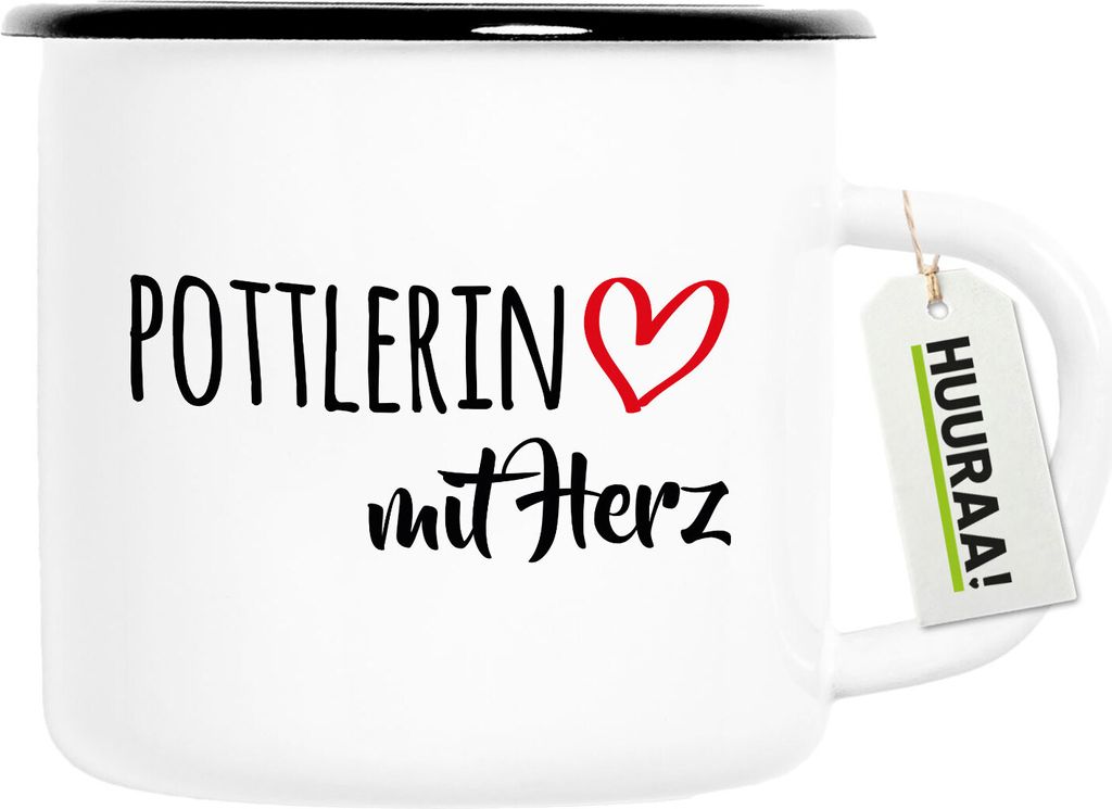 Huuraa Emaille Tasse Pottlerin mit Herz 300ml Vintage Campingbecher Geschenkidee