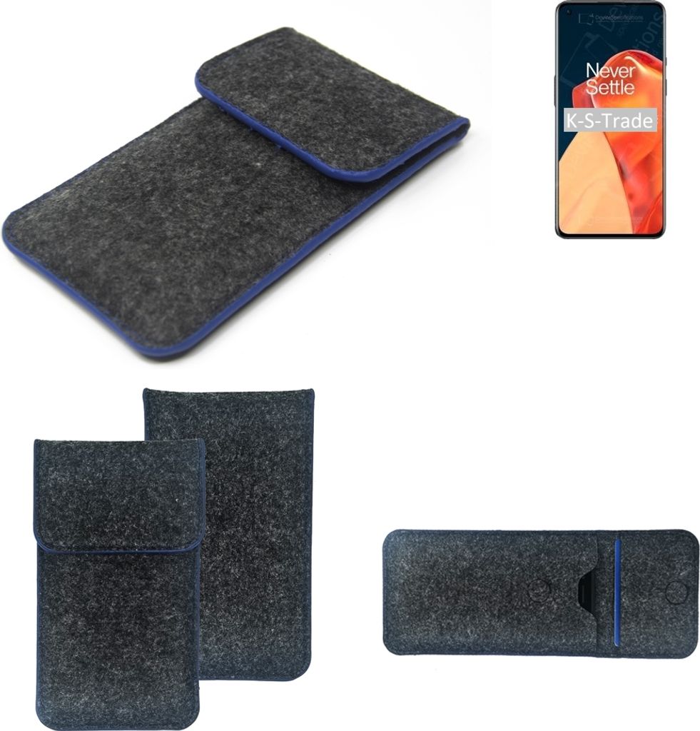K-S-Trade Handy-Hülle Schutz-Hülle kompatibel mit OnePlus 9 Filztasche Pouch Tasche Case Sleeve Filzhülle dunkelgrau, blauer Rand