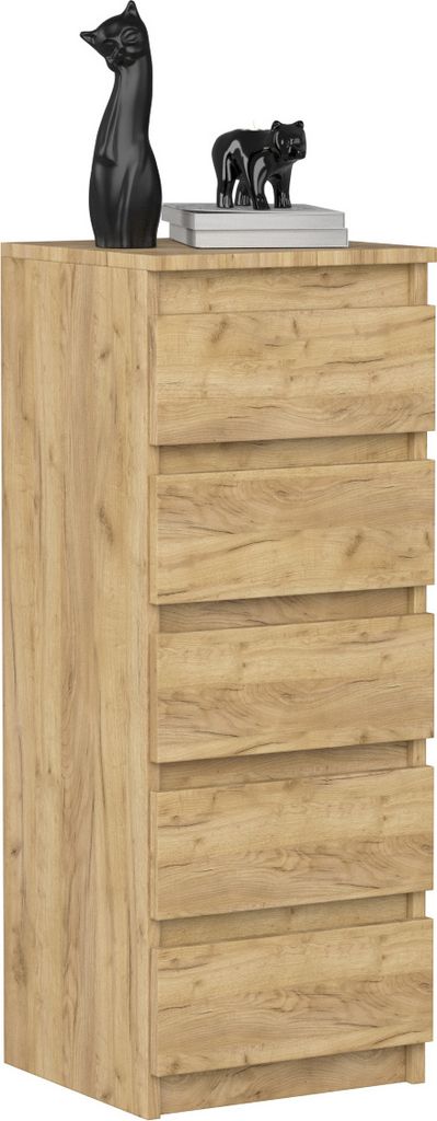 VBChome Kommode mit 5 Schubladen 40 x 39 x 105 cm EicheGrifflose Schubladenkommode Mehrzweckschrank für Flur Schlafzimmer Wohnzimmer Kinderzimmer
