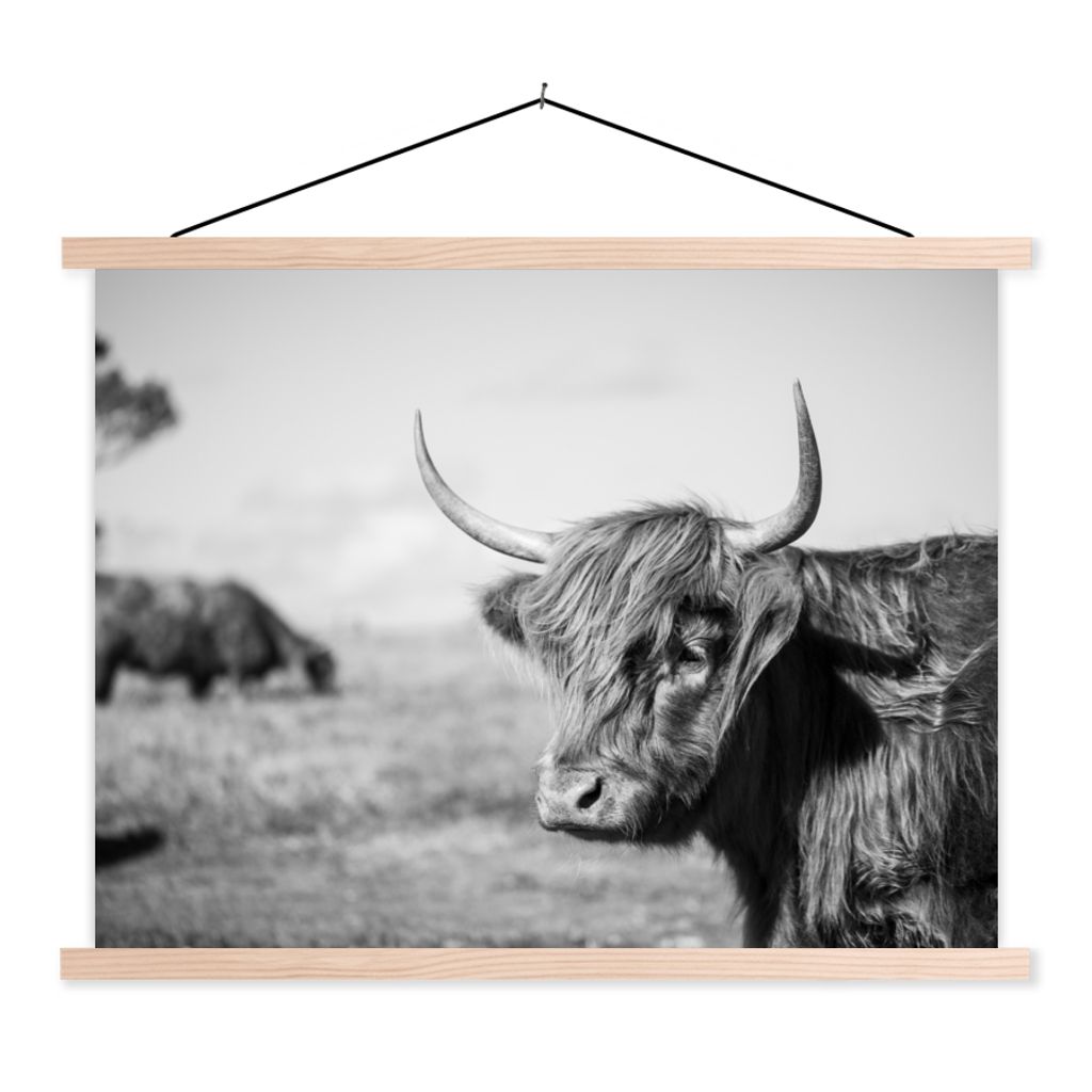 MuchoWow Textilposter Schottischer Highlander - Tiere - Schwarz - Weiß 40x30 cm mit holzfarbenen Rahmen - Bilder