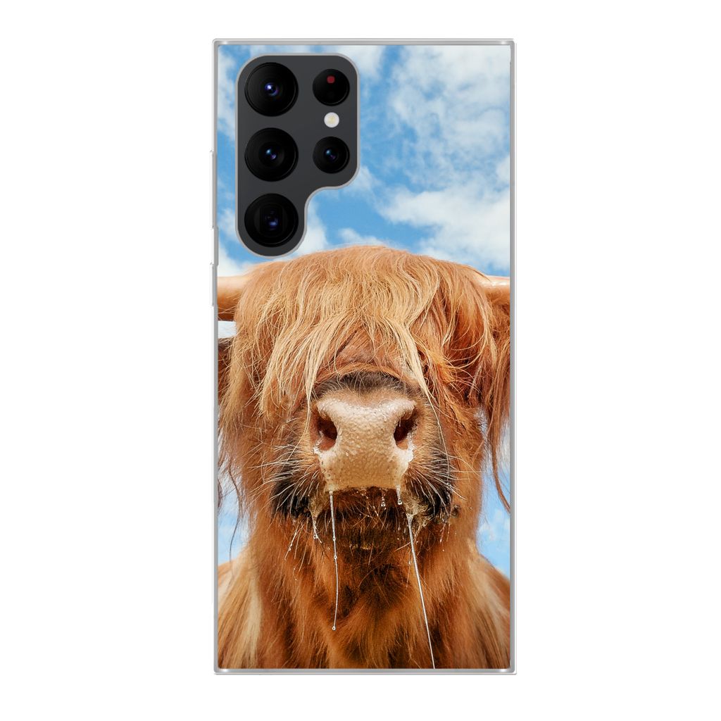 MuchoWow Handyhülle Schutzhülle Hülle für Samsung Galaxy S22 Ultra Schottischer Highlander - Wolke - Tiere Silikon Softcase Handy Hülle - Ab...