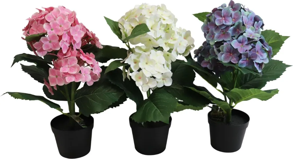 Hortensia synthétique tricolore 40 cm avec pot lesté aspect naturel