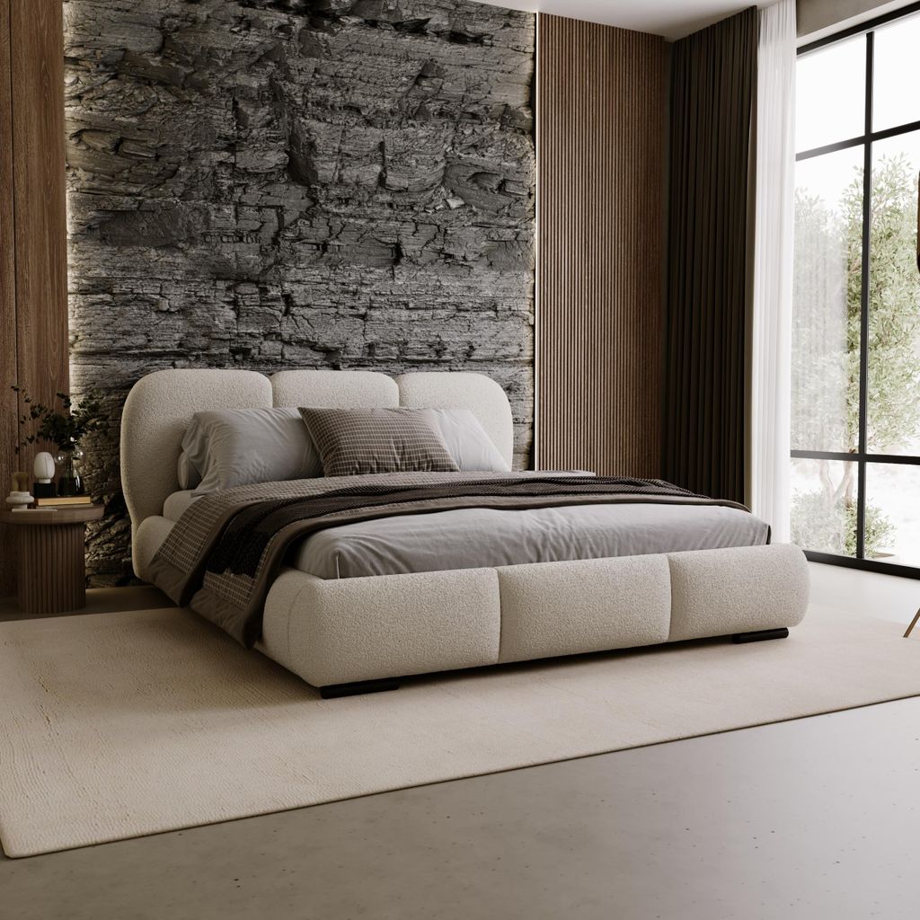 BESILIO Bett mit Stauraum und Lattenrost 180x200 Holi – doppelt gepolstertes Bett aus Boucle-/Teddy-Stoff – Beige