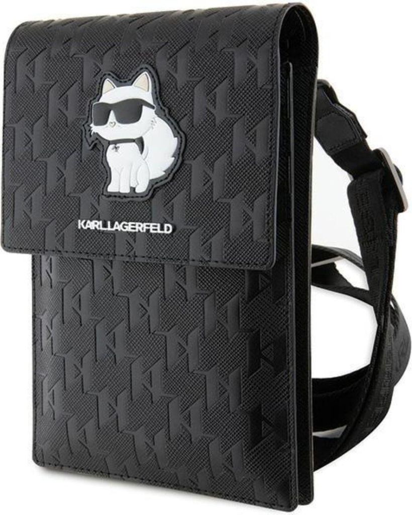 A black Karl Lagerfeld handbag with a Choupette cat graphic and the brand name.