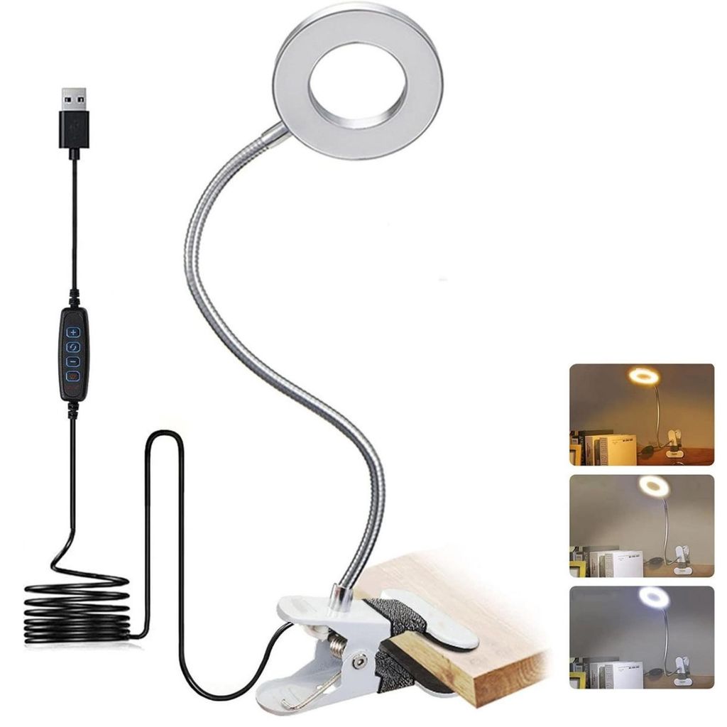 LED Schreibtischlampe Dimmbar mit Klemme USB 3 Lichtmodi Silber