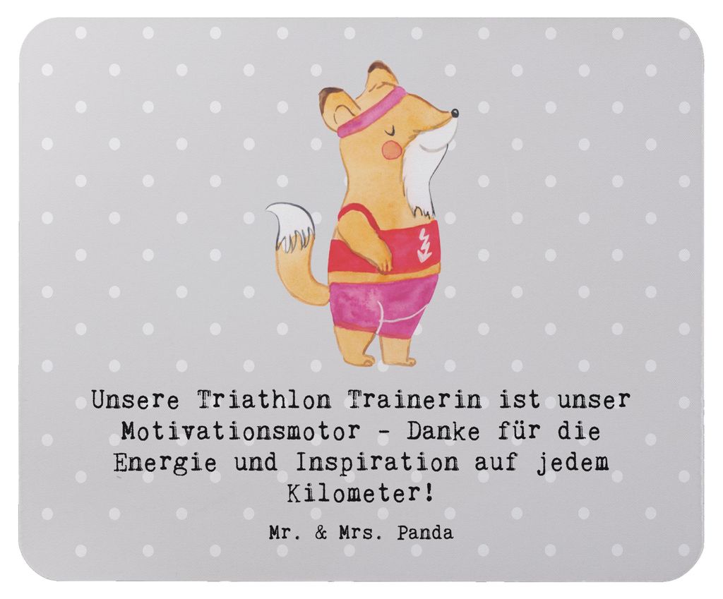 Mr. & Mrs. Panda Mauspad Triathlon Trainerin - Grau Pastell - Geschenk, Inspiration, mousematte, Schwimmen, Dankeschön, Mousepad, laptop, Dreikamp...