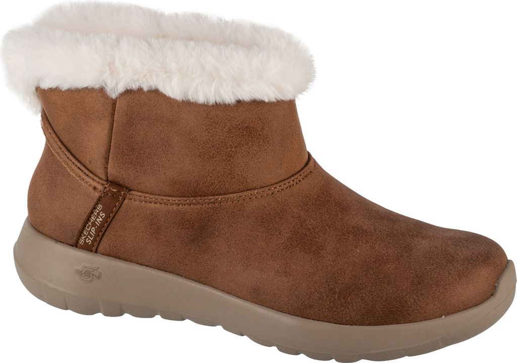 A single brown boot with white fur trim is shown against a white background.