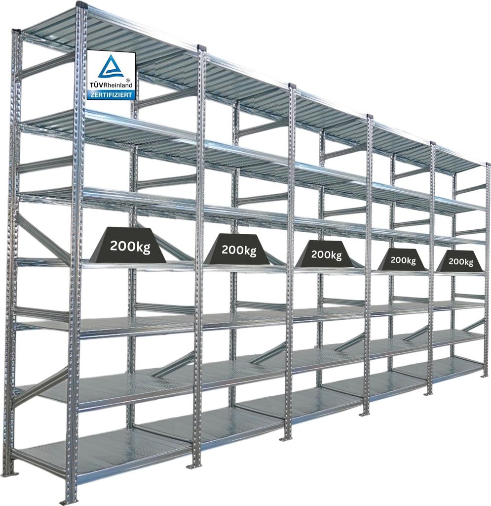 Fachbodenregal PROXIMO mit Stecksystem | Komplettregal | HxBxT 250x450x60cm | 7 Ebenen | Beidseitig nutzbar | Verzinkt