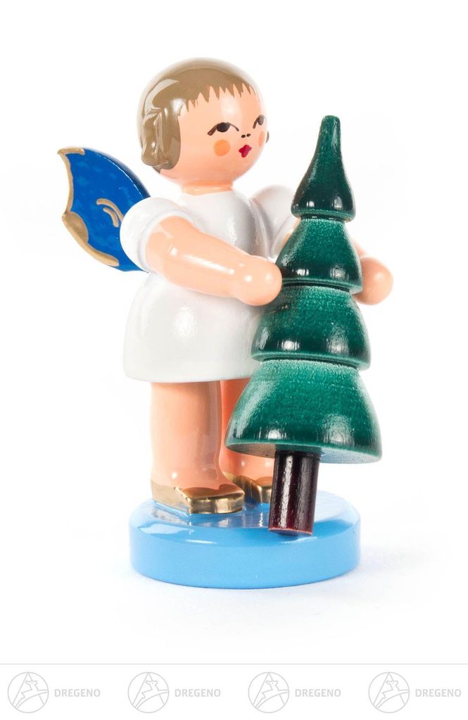 Engel mit Weihnachtsbaum - Blaue Flügel - stehend (6cm) von Kunstgewerbe Uhlig