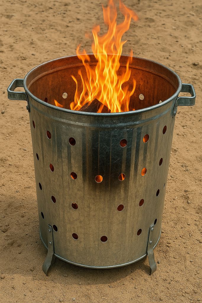 A galvanized metal burn barrel with flames inside, sitting on sandy ground.