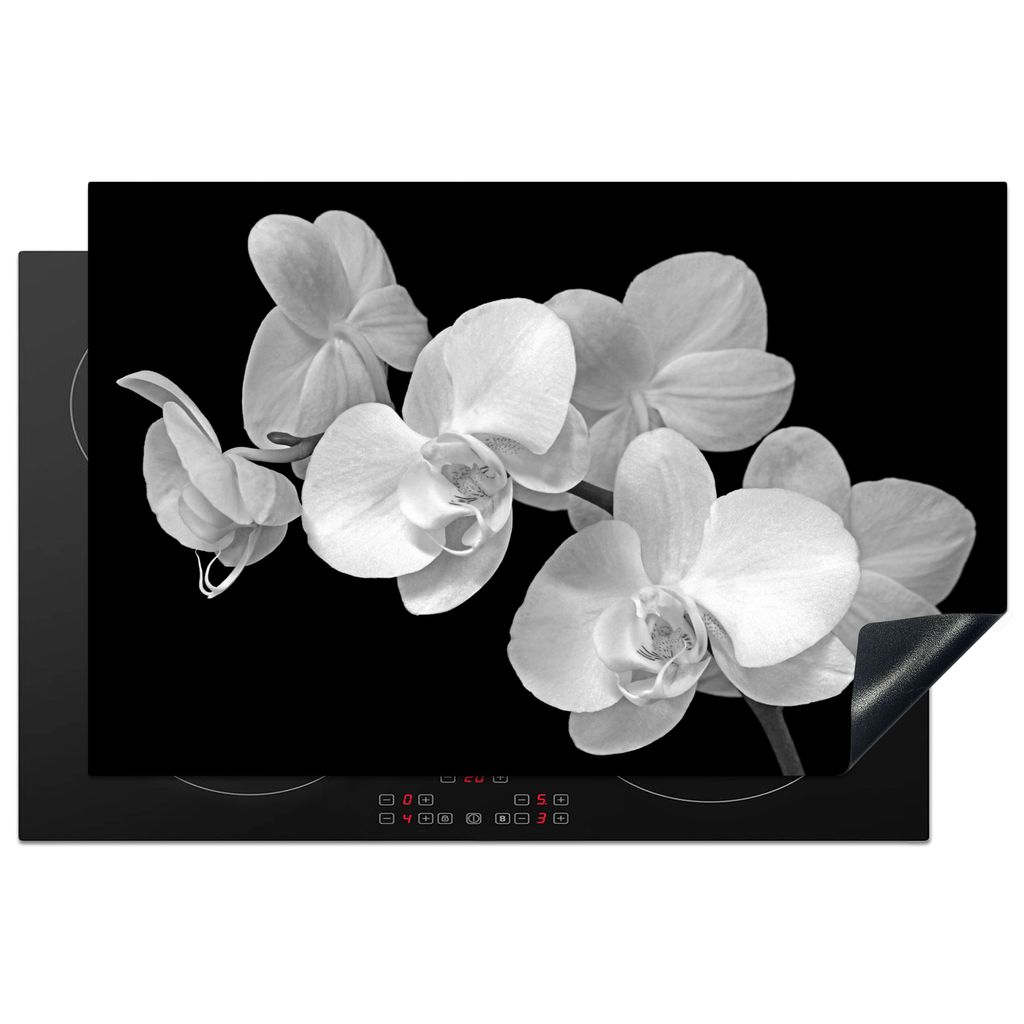 KitchenYeah Herdabdeckplatte Eine Nahaufnahme von Orchideen auf schwarzem Hintergrund - schwarz-weiß , 80x52cm, Küche Deko, Glaskeramikkochfeld...