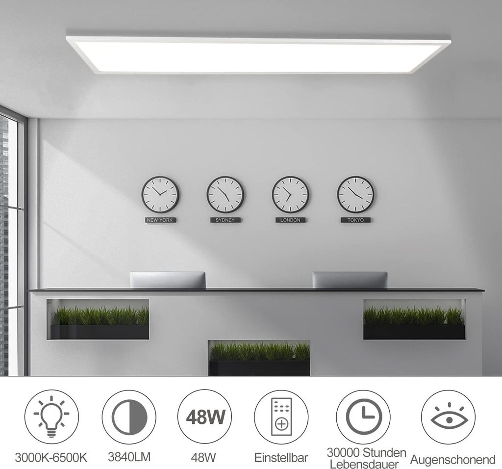 3er Set LED Deckenleuchte Panel 100x25cm – Dimmbar, 30W, 3300LM, Farbtemperatur 3000K-6500K, Mit Fernbedienung