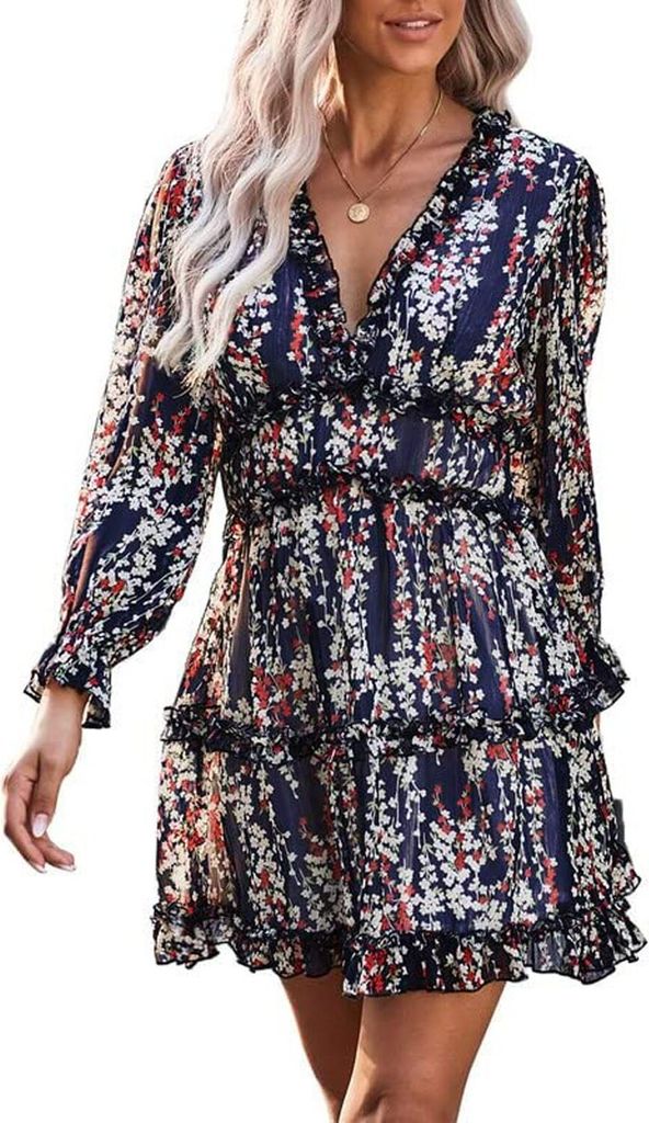 ASKSA Damen Chiffon Kleid Rückenfrei Elegant V-Ausschnitt A-Linie Flora Minikleid Strandkleid Blumenkleid, Dunkelblau, S