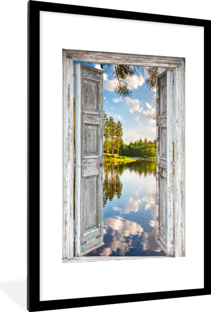 MuchoWow Gerahmtes Poster Wasser - Landschaft - Fenster - Aussicht 60x90 cm - Poster mit Schwarzem Bilderrahmen Wandposter Rahmen Foto Bilder - D...