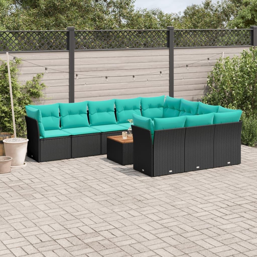 "Neues Produkt" 11-tlg. Garten-Sofagarnitur - CLORIS - Terrassen-Sofa - mit Kissen - Schwarz Poly Rattan - Sitzgruppe V9