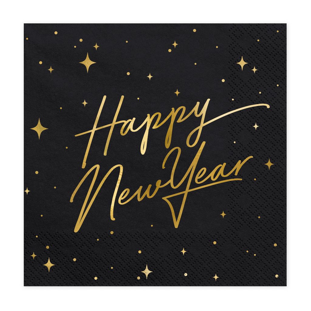 Happy New Year Servietten, schwarz, 33x33cm (1 Packung / 20 Stück)