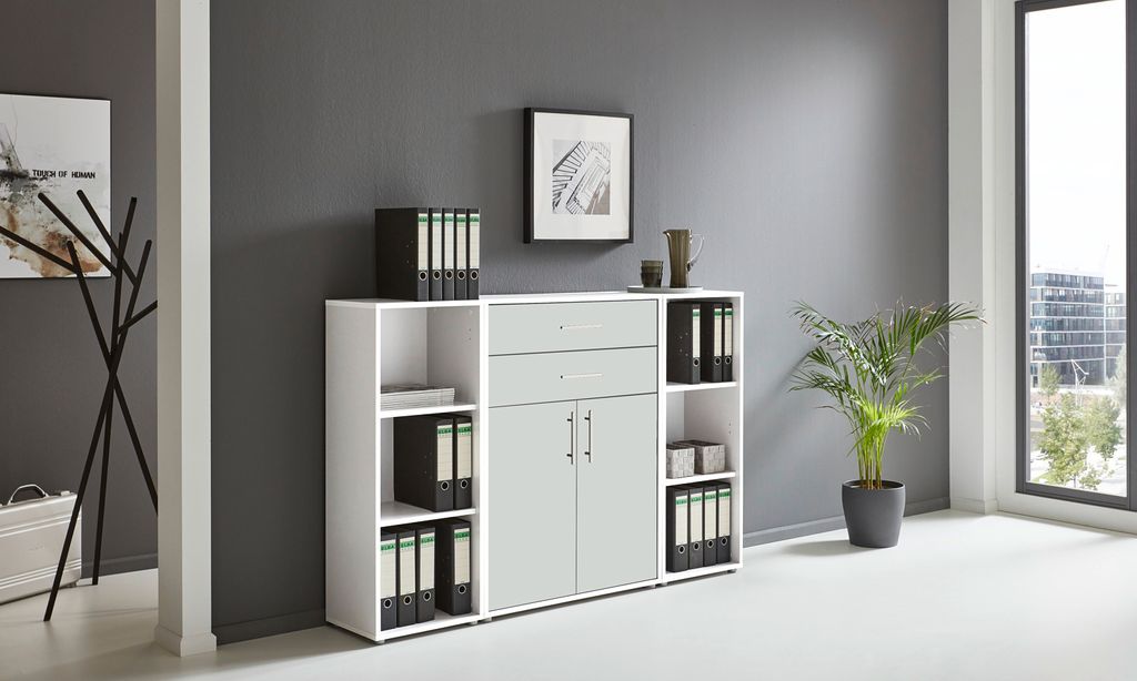 Aktenschrank TABOR 13 in weiß / weiß matt, Schrankwand, Büroschrank, abschließbar, Metallgriffe