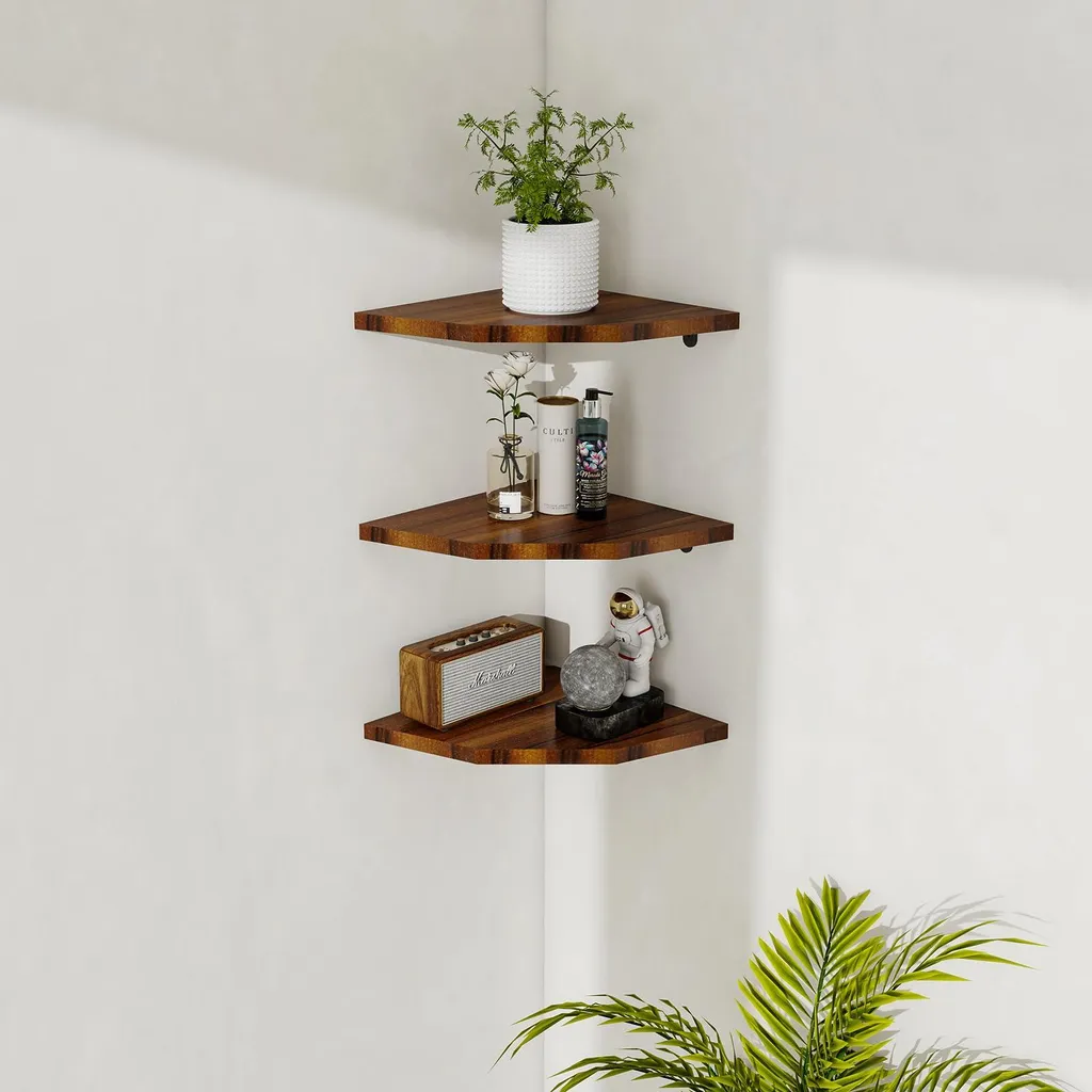 Étagère murale d'angle lot de 3 bois robuste - Gain de place pour salon