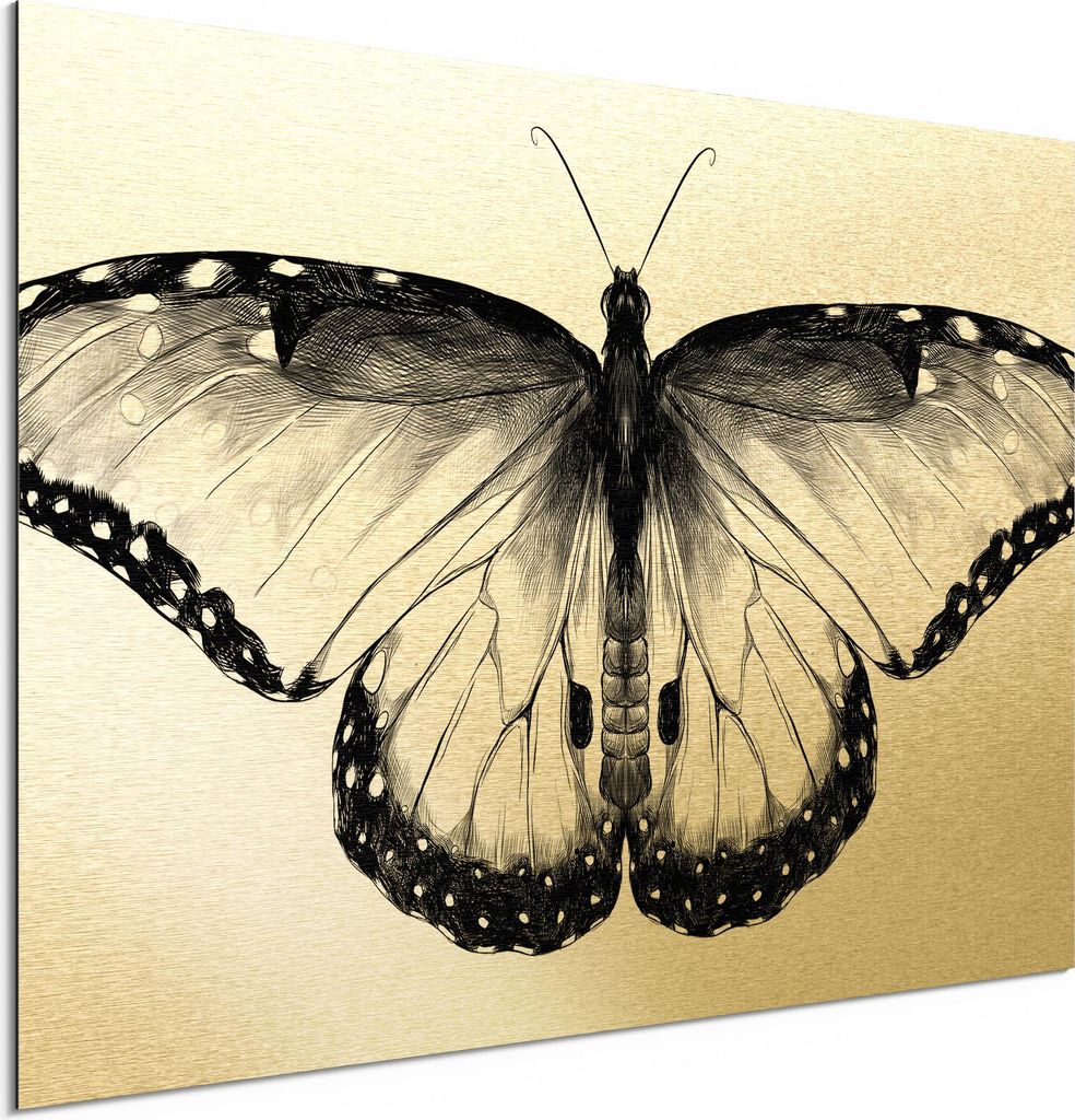 DEQORI Alu-Dibond Bild Gold 60x40 cm 'Flügel in Tinte' Wandbild Metall dünn Design