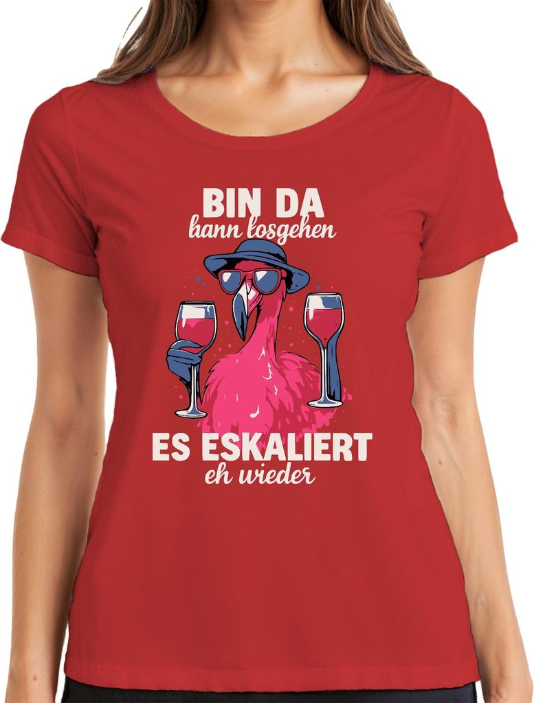 Bin da und jetzt eskaliert eh wieder Flamingo Wein Party Sommer Damen T-Shirt, Rot, XXL