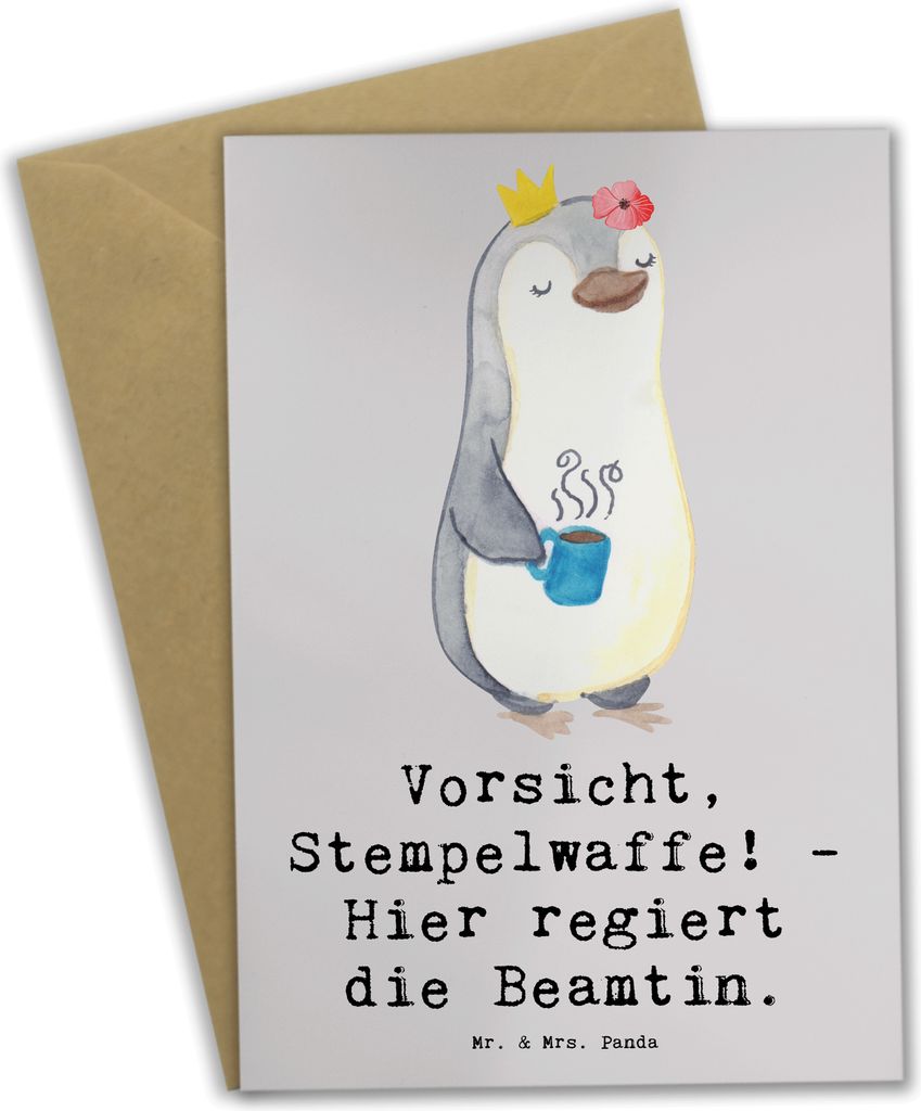 Mr. & Mrs. Panda Klappkarte Beamtin Stempelwaffe - Grau Pastell - Geschenk, Anerkennung, Beruf, Freundin, Präzision, Kollegin, Berufsalltag, Kunde...