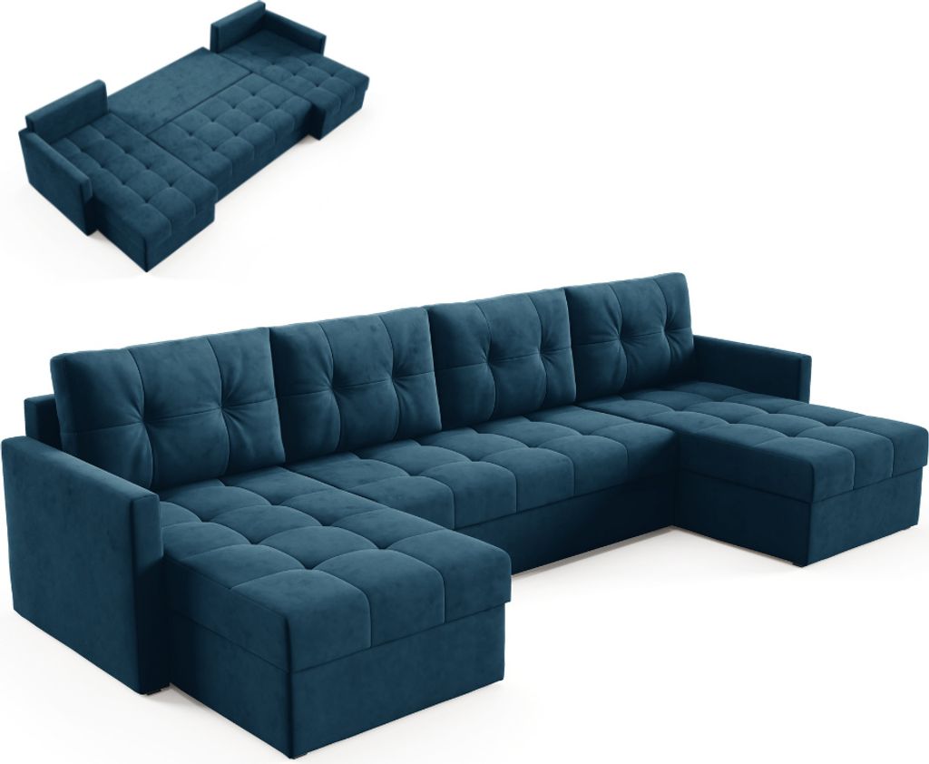 BETTSO Elegantes U-Ecksofa OLIVIA 301 cm mit Schlaffunktion gesteppt Blau DL-Maschine + 2 Behälter