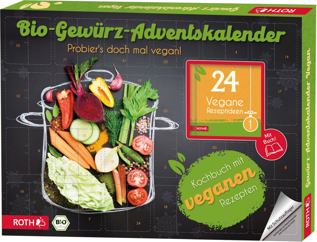A product box for a vegan spice advent calendar, featuring an illustration of vegetables in a pot and promotional text.