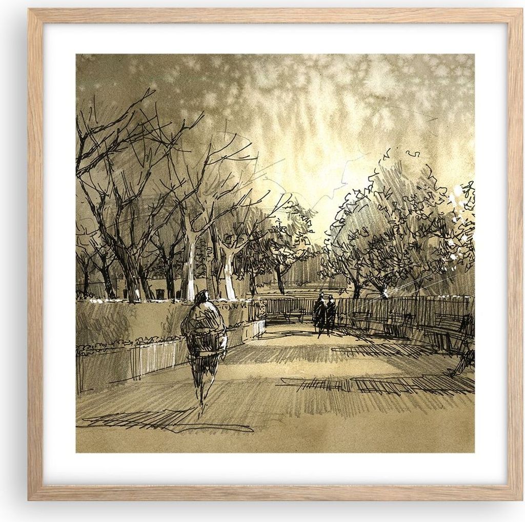Gerahmtes Poster - Rahmen in heller Eiche - Park Spaziergang Baum - 50x50 cm - Wand Bild - Wanddeko - Wandbilder - Wandposter - Bilderrahmen - Bild...