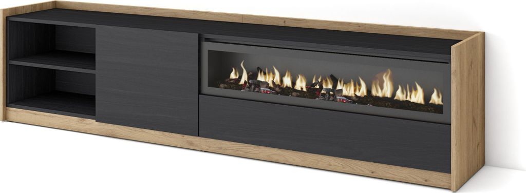 TV-Schrank, Lowboard, 207x37x50cm, Für TV-Geräte bis zu 80", Elektrokamin., Schwarz Eiche