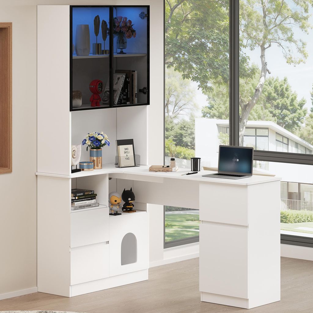 Merax Eckschreibtisch mit Regal und LED Glasvitrine, Schreibtisch mit 3 Schubladen, Haustierfach, Computertisch, Bürotisch, 120×80×180 cm, Weiß