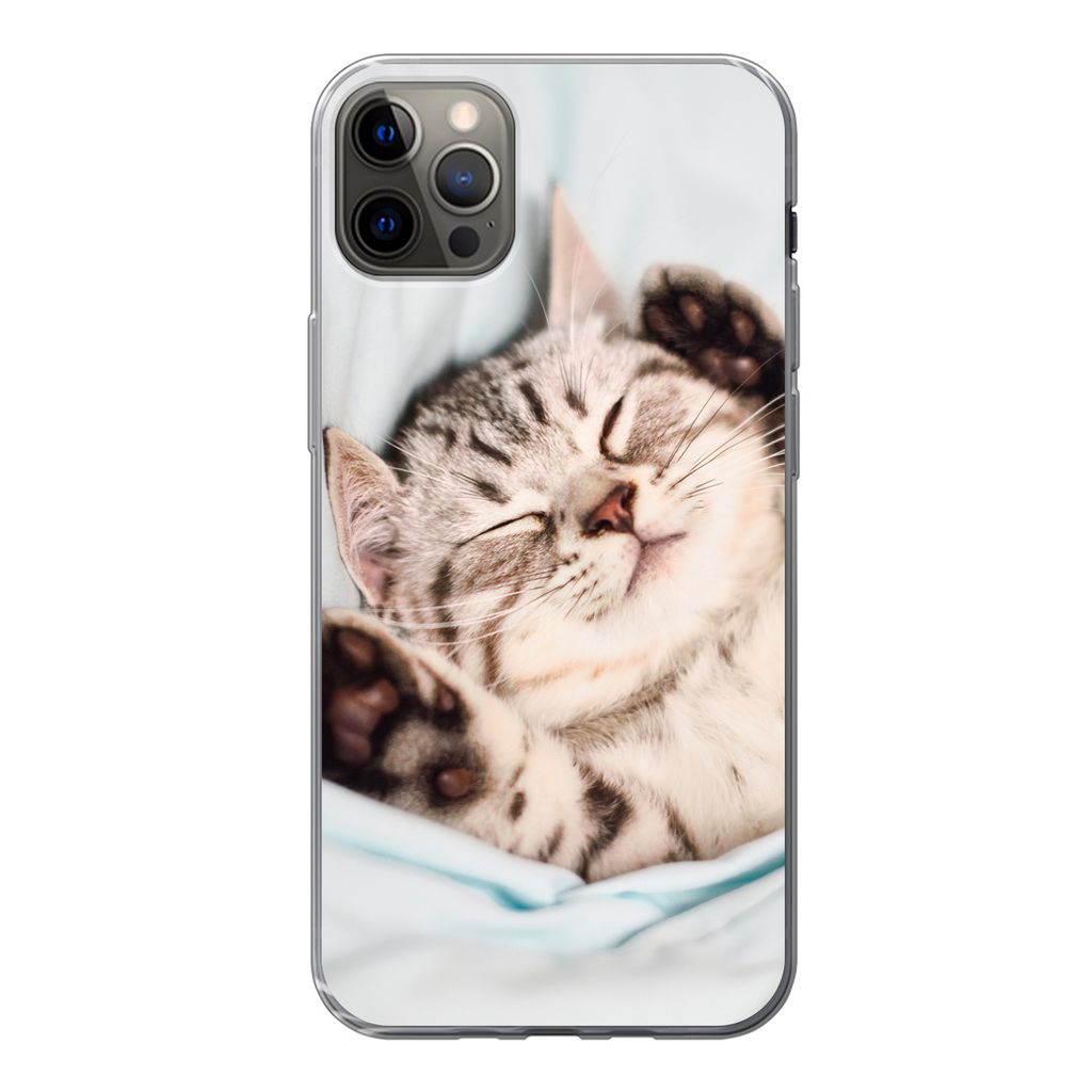 MuchoWow Handyhülle Schutzhülle Hülle für iPhone 12 Pro Max Kätzchen - Bett - Pfoten - Mädchen - Kinder - Kinder - Kind Silikon Softcase Ha...