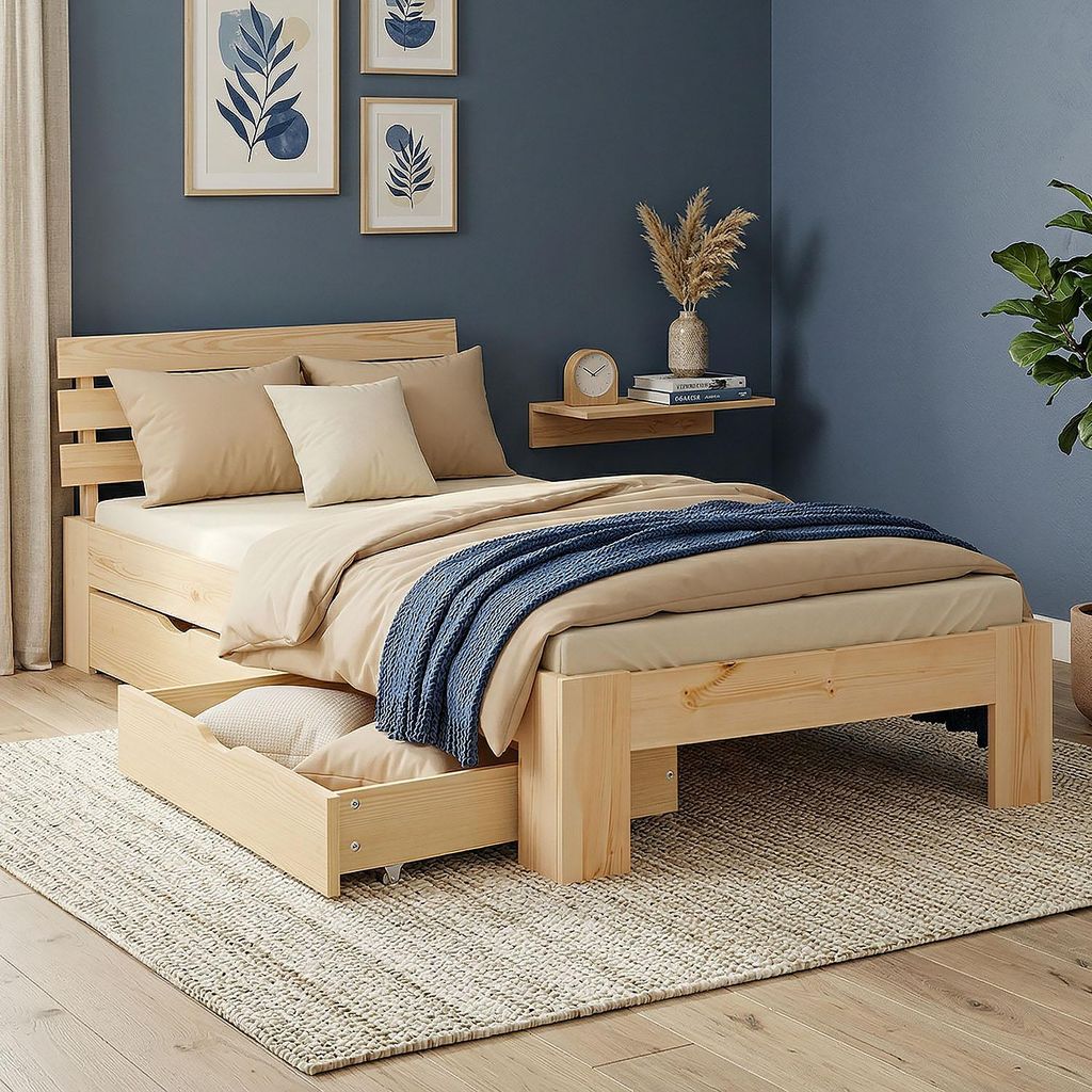 Homestyle4u Holzbett 90x200 mit Matratze 2 Schubladen Natur Einzelbett mit Lattenrost