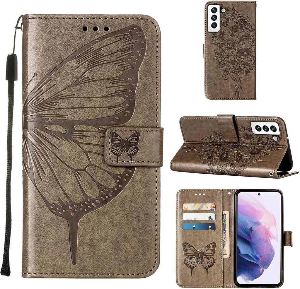 Galaxy S22 Hülle, Schmetterling Prägung Flip Leder Kartenfächer Schutzhülle Ledertasche mit Ständer für Samsung Galaxy S22 Grau