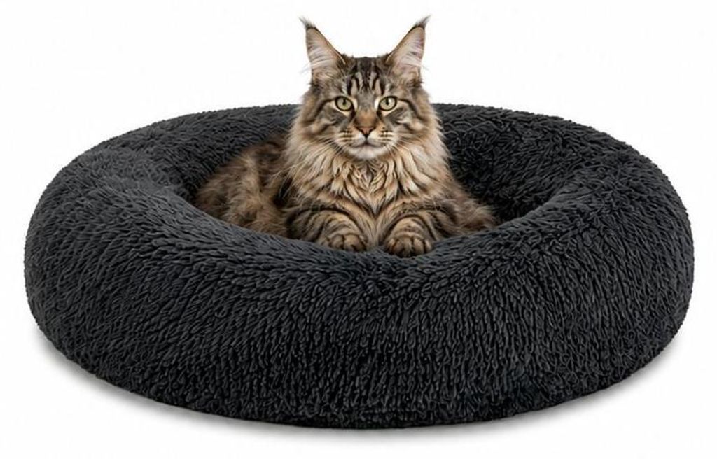 lionto Donut Katzenkissen, rundes Bett mit Plüschbezug & Anti-Rutsch-Boden, erhöhter Rand für Geborgenheit, 60 cm Durchmesser, dunkelgrau