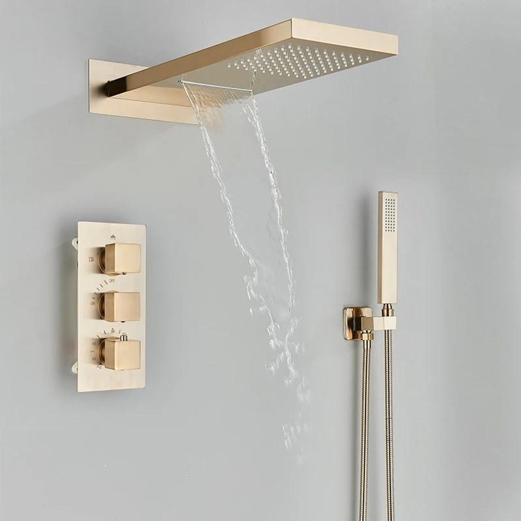 Thermostat Duschset - Duschsystem - Regendusche & Wasserfall - 3-Wege Thermostatmischer - Drei Griffe - Keramikkartusche - Feste Montage - Gebürst...