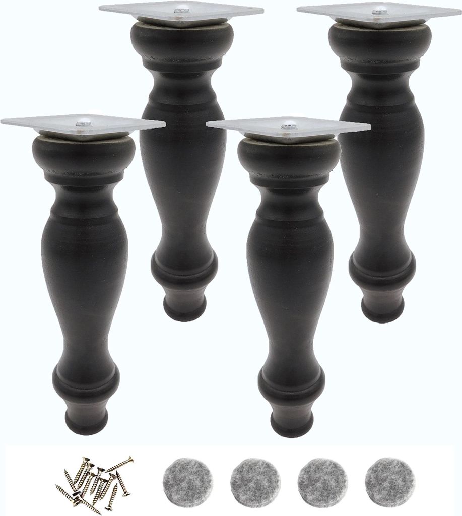 Four black wooden furniture legs with silver mounting plates are displayed against a white background. A small pile of screws and four felt pads are also visible at the bottom.