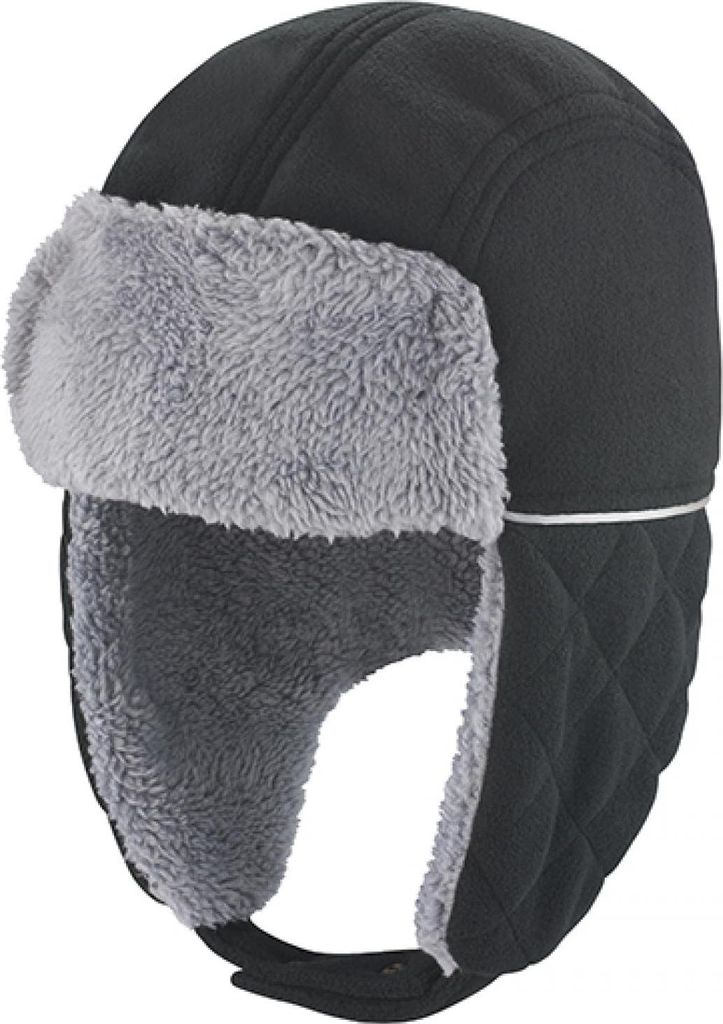 A black trapper hat with grey faux fur lining, shown against a white background.