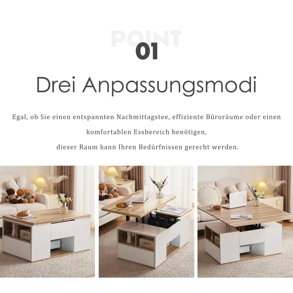 Table Basse Transformable à Double Plateau et Rangement 2 Tiroirs Intégrés - 6