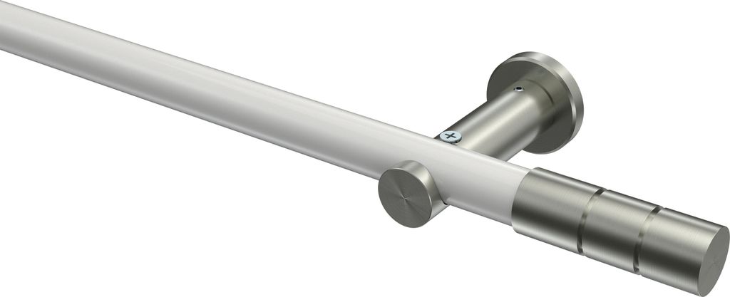 Interdeco Gardinenstange / Vorhangstange Weiß / Edelstahl-Optik, Typ Platon Elanto (Rillenzylinder) ohne Ringe, 20 mm Ø 1-läufig, 320 cm