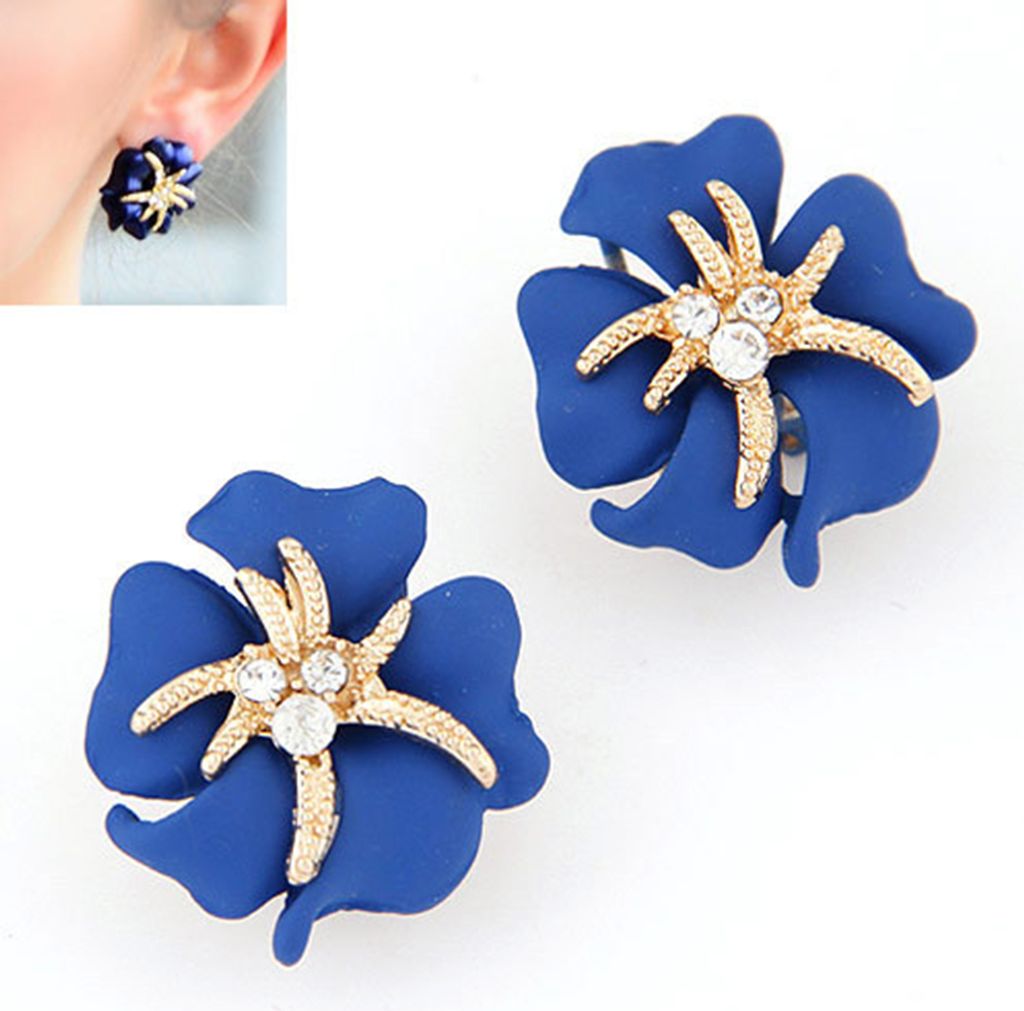 Eleganter Blumen-Seestern, glänzender Strass-Ohrstecker, Ohrring, Hochzeit, Brautschmuck-Blau