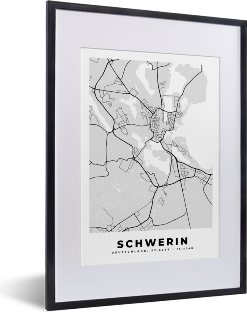 MuchoWow Gerahmtes Poster Deutschland - Karte - Schwerin - Stadtplan 30x40 cm - Poster mit Schwarzem Bilderrahmen Wandposter Rahmen Foto Bilder -...