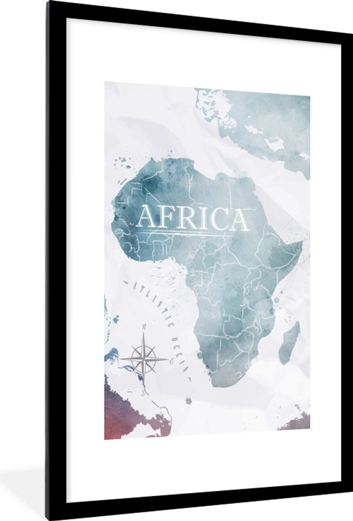 MuchoWow MuchoWow Gerahmtes Poster Weltkarte - Afrika - Blau 60x90 cm - Poster mit zchwarzem Bilderrahmen - Dekoration - Wandposter Wohnzimmer ...