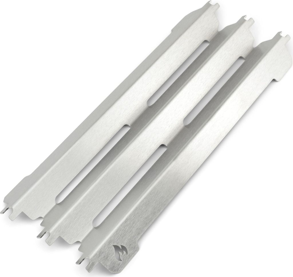 Three metal grill heat shields are arranged diagonally on a white background.