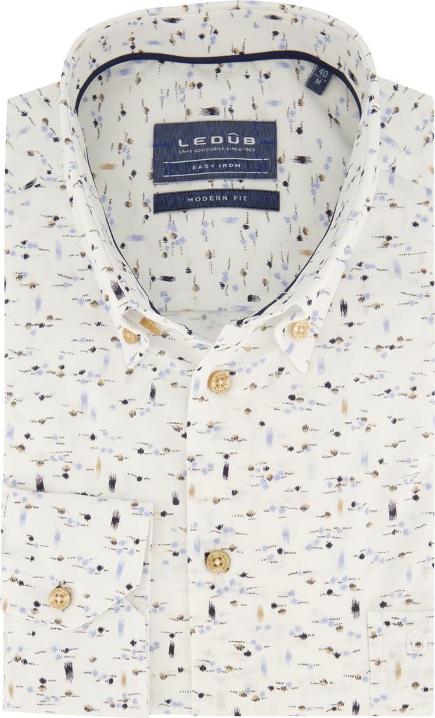 Ledub Hemd normale Passform weiß bedruckt Button-Down