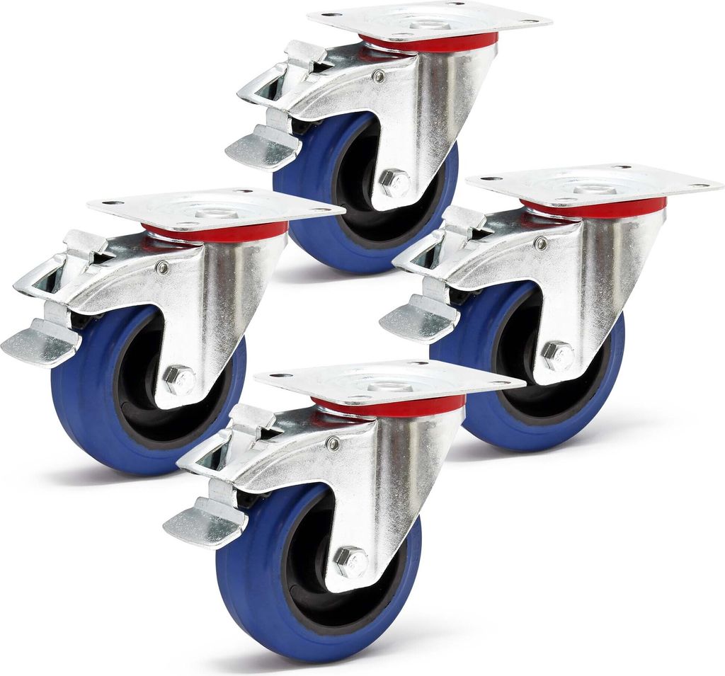 Wiltec Lenkrollen Set 4x Transportrolle Ø100mm bis 150kg pro Rad mit Kunststoffrad, Bremse und Anbauplatte, leiser Lauf, Transportrollen Möbelrol...