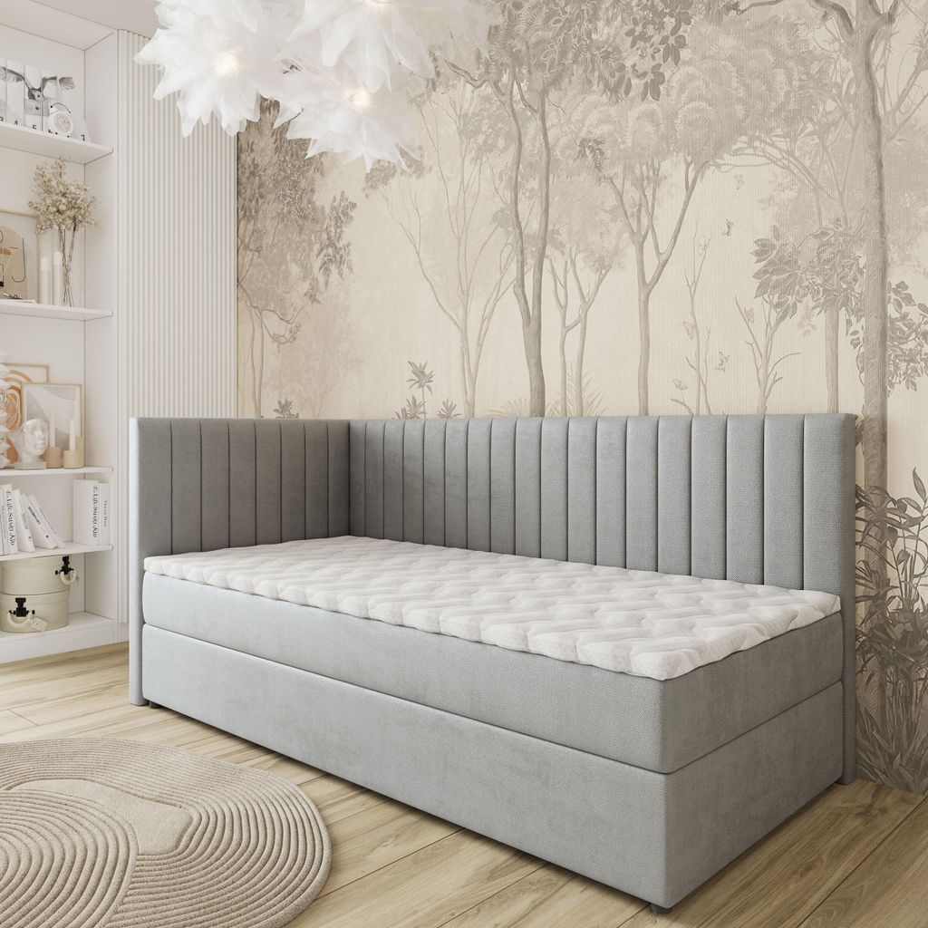Masseno Boxspringbett ARIS 80x200 cm Komplett-Set mit Bonell Matratze und Topper, Polsterbett mit Bettkästen -Hellgrau, PAROS 05