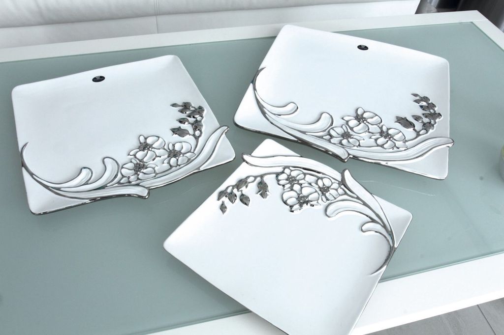 Gilde Keramik quadrat.Schale"Sophia" VE 2 (B x H x L) 33 x 2,5 x 0 cm weiss/silber