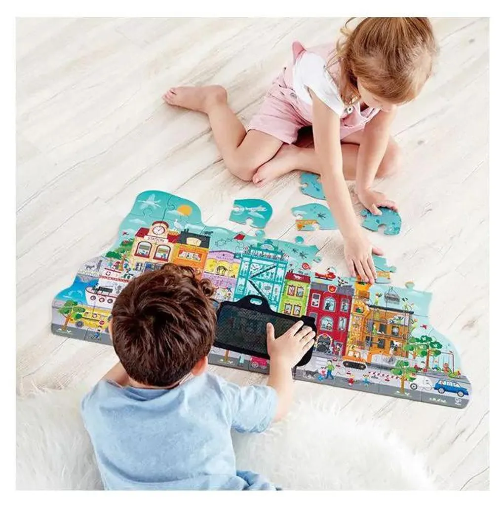 Puzzle de ville animé Hape : Jeu d'éveil en bois avec engrenages mobiles