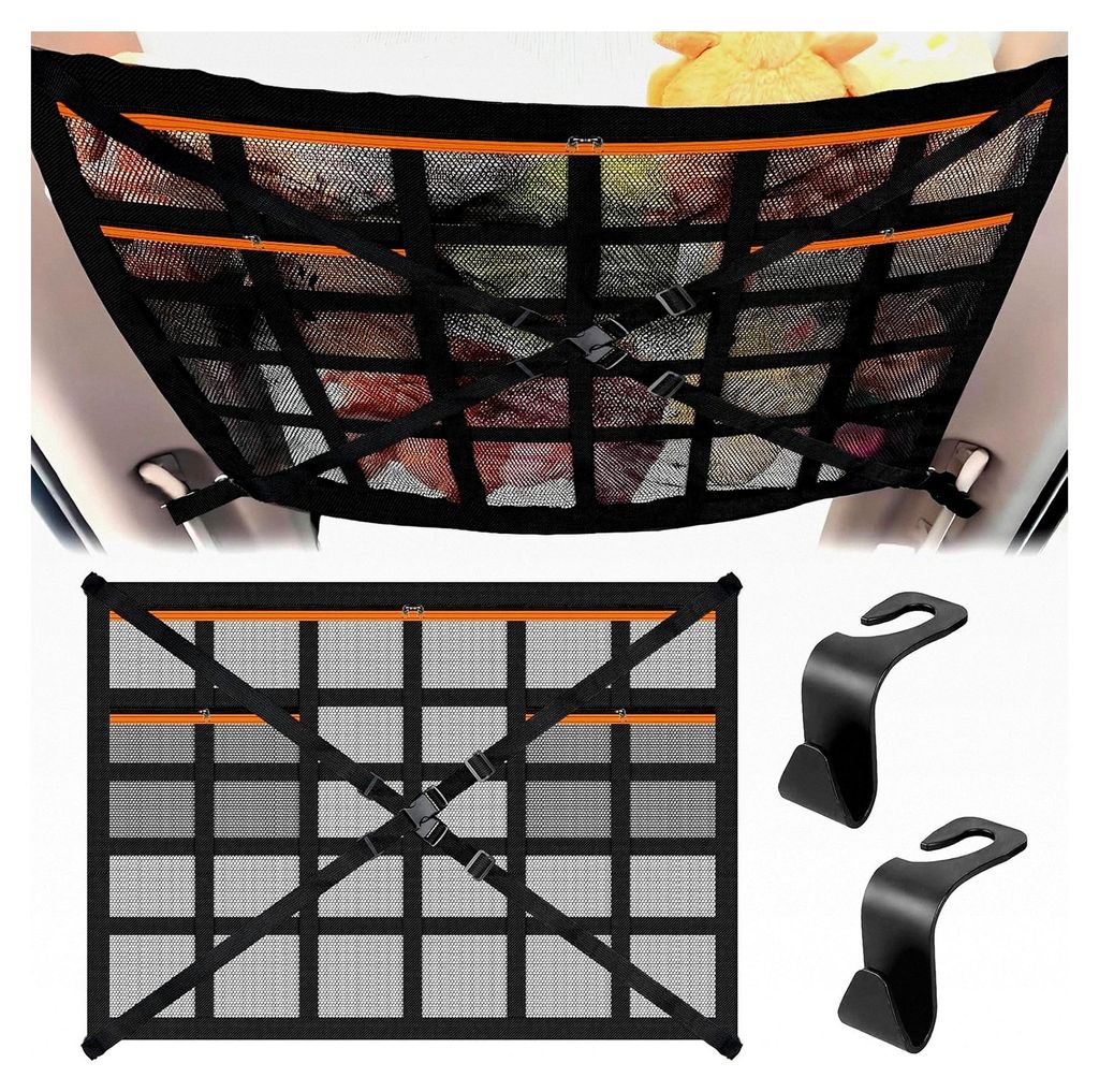 Gepäcknetz für das Auto 90×65 cm, Aufbewahrungsnetz für das Autodach mit verstellbaren Kreuzgurten und 3 Reißverschlusstaschen, universeller D...